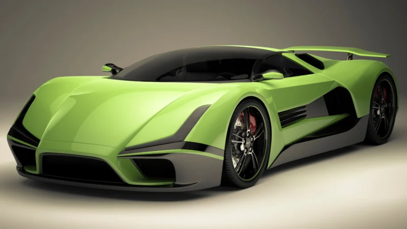 Lime green futuristic supercar parked in a studio backdrop