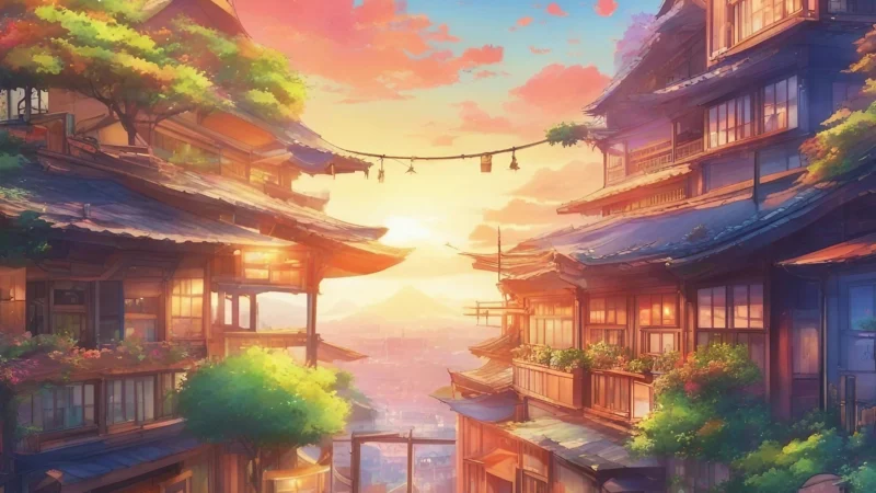 Anime-style illustration of a cozy traditional town at sunset with wooden buildings and greenery.